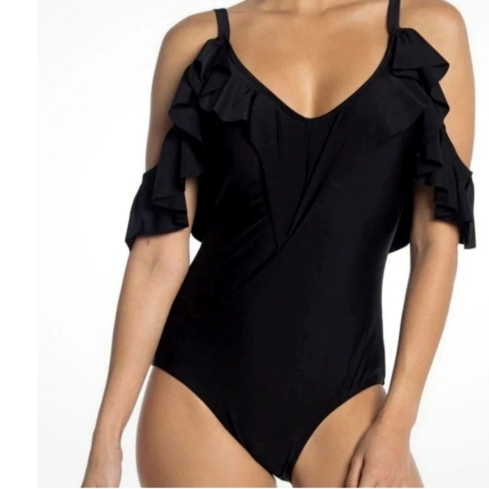 Old Navy Women's Black Ruffled Cold Shoulder One Piece Swimsuits Size XXL